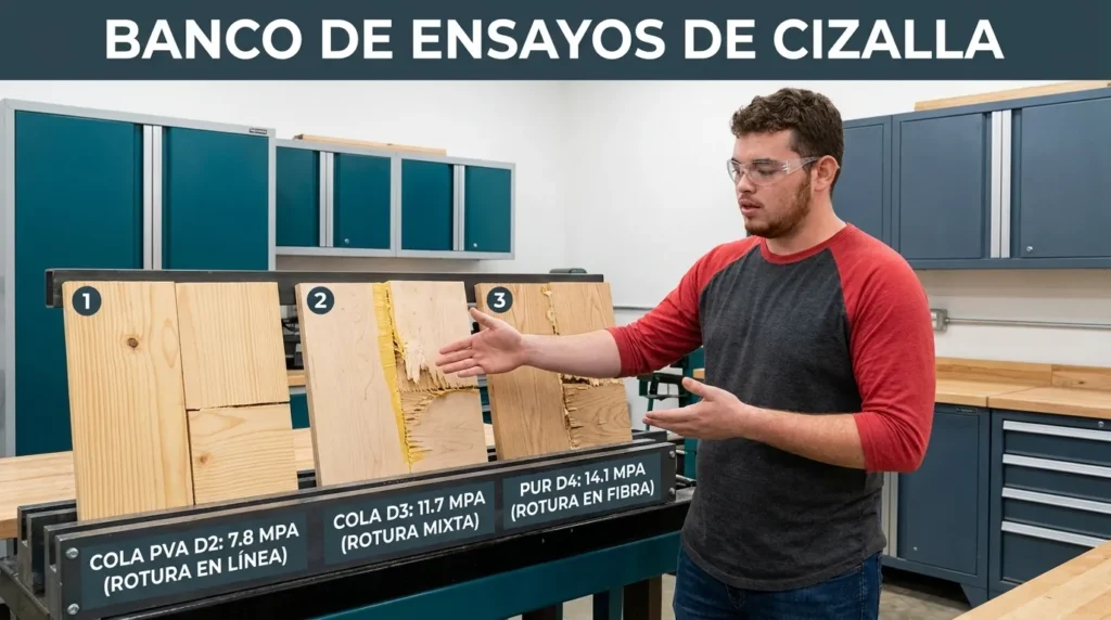 Prueba de taller Cizallamiento en 3 maderas × 3 adhesivos